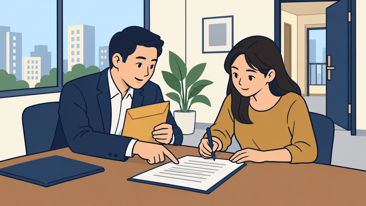 Hai bên trao đổi nội dung thỏa thuận trước khi giao tiền đặt cọc.