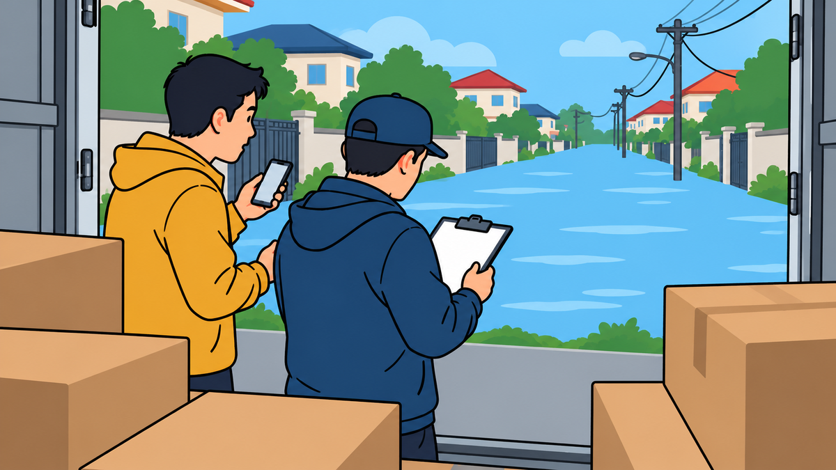 Nhìn từ khoang hàng, hai nhân viên trao đổi về tuyến đường ngoại ô bị ngập và hàng đang chờ giao.