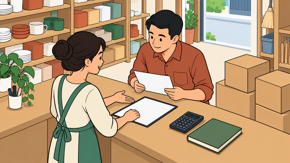 Chủ cửa hàng và khách đối chiếu giấy tờ thanh toán ở góc quầy hàng.