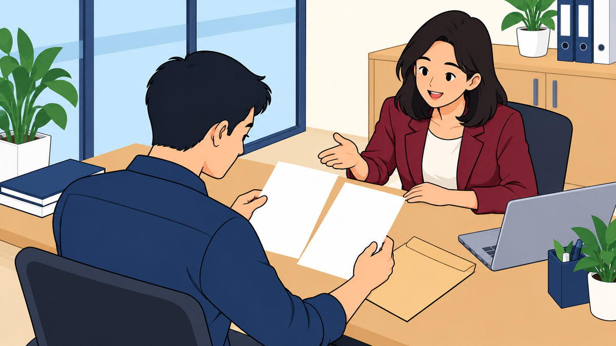 Hai bên trao đổi và xem xét giấy thông báo tại bàn làm việc trong văn phòng.