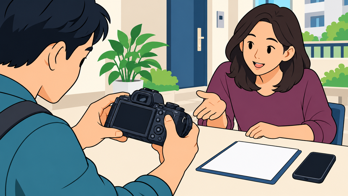 Người mua kiểm tra máy ảnh cũ và đối chiếu thông tin cùng người bán.